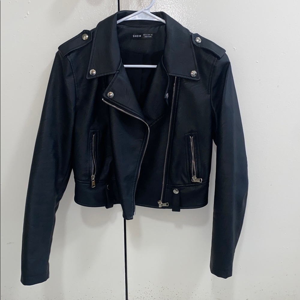 SHEIN Black Moto leather Jacket with Silver Accents women size XS xs